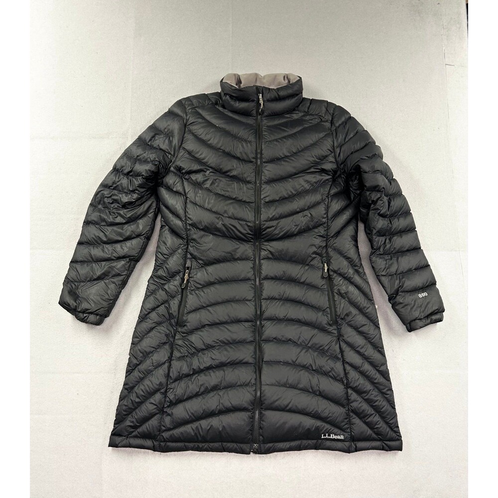 LL Bean Ultralight Down 850 Packable Long Hooded Puffer Coat Jacket Large Black